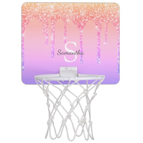 Chic Rainbow Glitter Drips Sparkle Monogram Name Mini Basketball Hoop