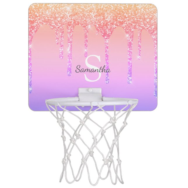 Chic Rainbow Glitter Drips Sparkle Monogram Name Mini Basketball Hoop (Front)