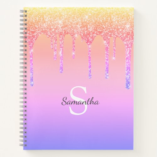 Chic Rainbow Glitter Drips Sparkle Monogram Name Notebook