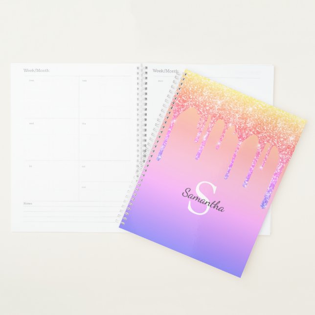 Chic Rainbow Glitter Drips Sparkle Monogram Name Planner (Display)