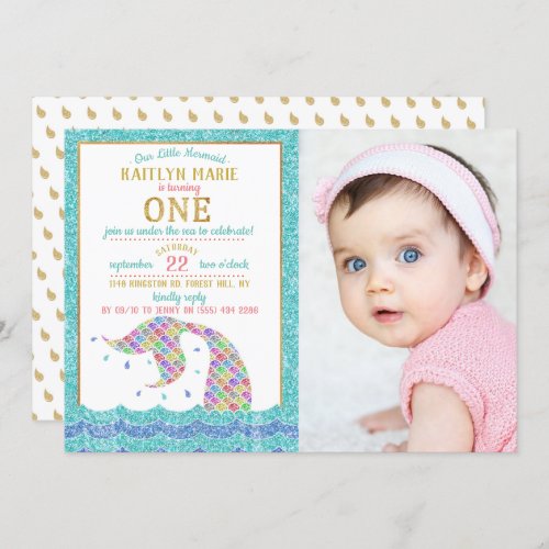 Chic Rainbow Glitter Mermaid 1st Birthday Photo Invitation