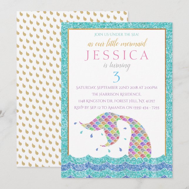 Chic Rainbow Glitter Mermaid Any Age Birthday Invitation (Front/Back)