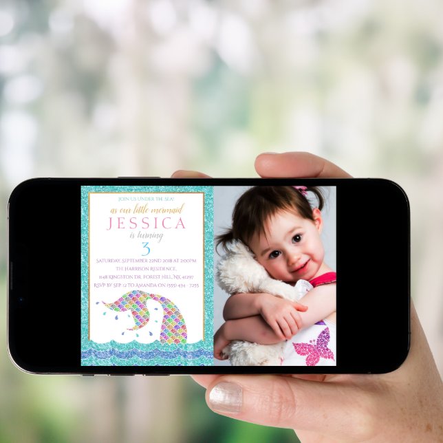 Chic Rainbow Glitter Mermaid Photo 3rd Birthday Invitation (Front Digital)