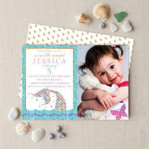 Chic Rainbow Glitter Mermaid Photo 3rd Birthday Invitation