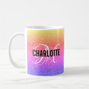 Chic rainbow glitter monogram name coffee mug