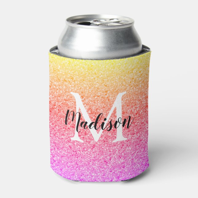 Chic Rainbow Glitter Script Monogram Personalized Can Cooler (Can Front)