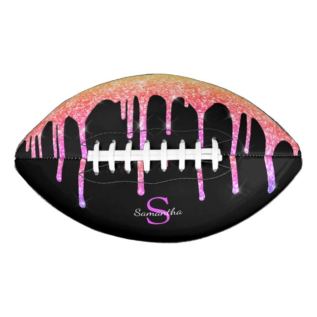 Chic Rainbow Glitter Sparkle Drips Black Monogram Football (Front)