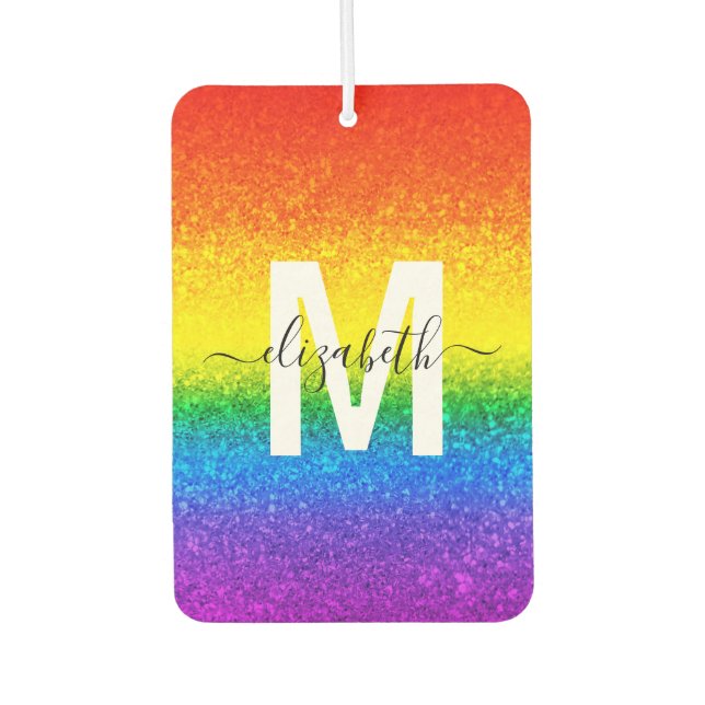 Chic Rainbow Glitter Stripes Monogram Name Air Freshener (Front)
