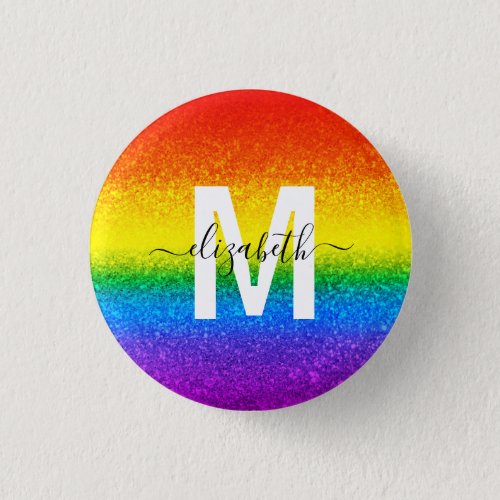 Chic Rainbow Glitter Stripes Monogram Name Button