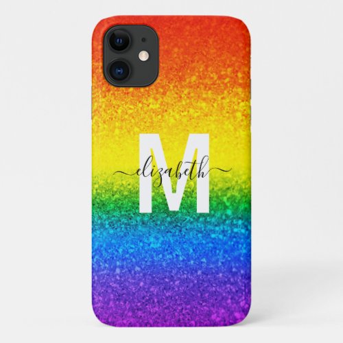 Chic Rainbow Glitter Stripes Monogram Name iPhone 11 Case