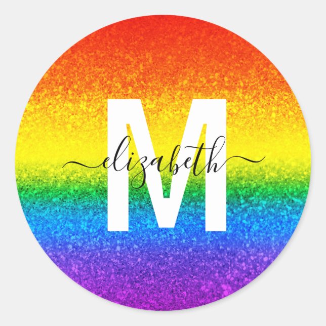 Chic Rainbow Glitter Stripes Monogram Name Classic Round Sticker (Front)