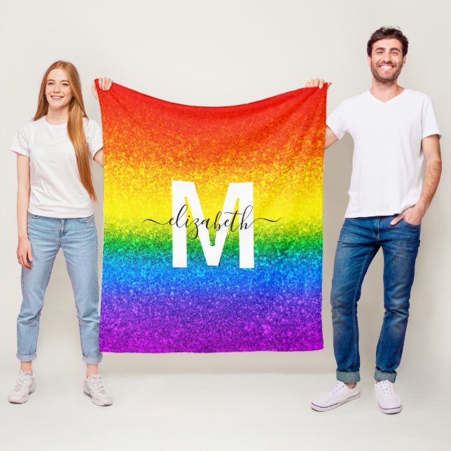 Chic Rainbow Glitter Stripes Monogram Name Fleece Blanket (In Situ)