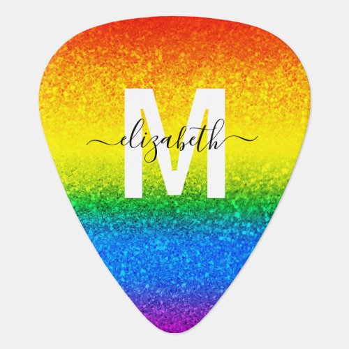 Chic Rainbow Glitter Stripes Monogram Name Guitar Pick