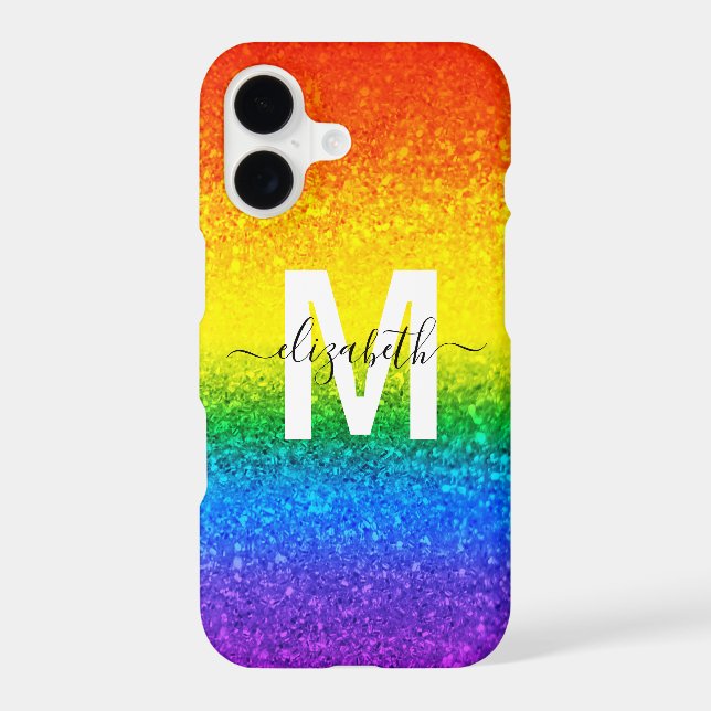 Chic Rainbow Glitter Stripes Monogram Name Iphone Case (Back)