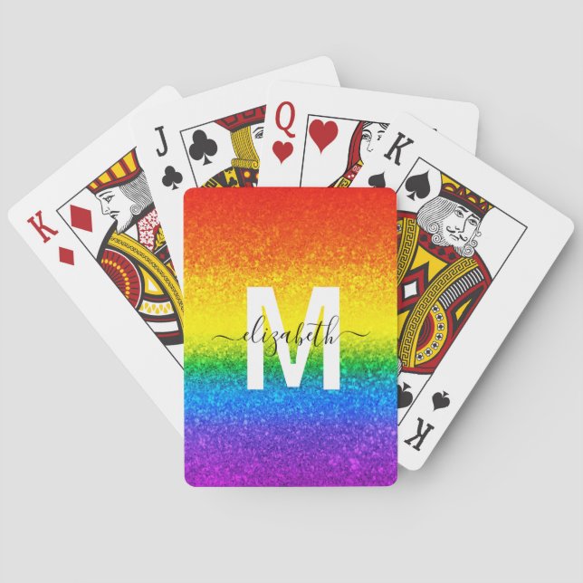 Chic Rainbow Glitter Stripes Monogram Name Poker Cards (Back)