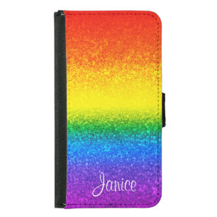 Chic Rainbow Glitter Stripes Monogram Name Samsung Galaxy S5 Wallet Case