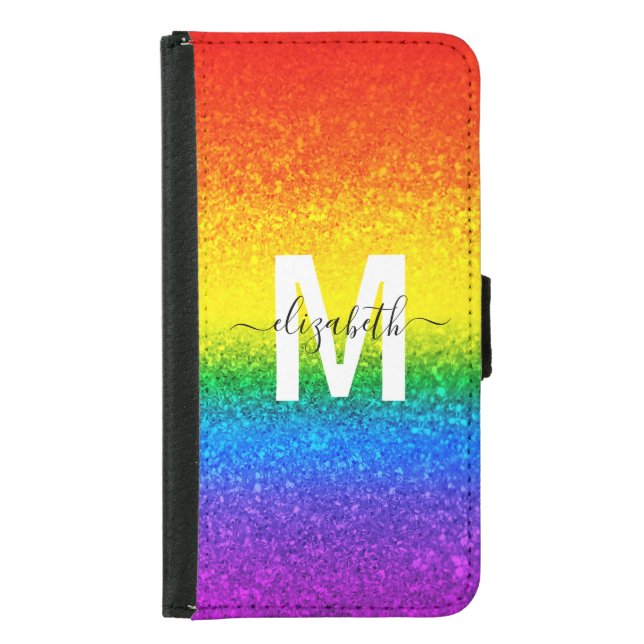 Chic Rainbow Glitter Stripes Monogram Name Samsung Galaxy Wallet Case (Front)