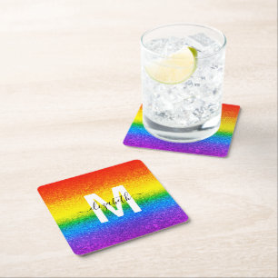 Chic Rainbow Glitter Stripes Monogram Name Square Paper Coaster