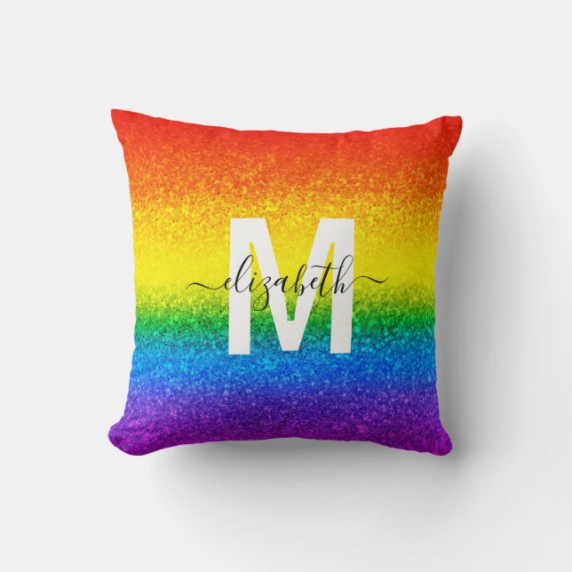 Chic Rainbow Glitter Stripes Monogram Name Throw Pillow (Front)