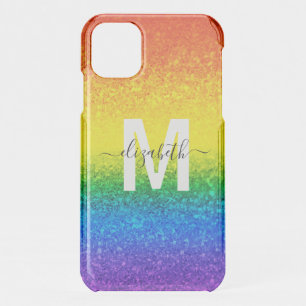Chic Rainbow Glitter Stripes Monogram Name iPhone 11 Case