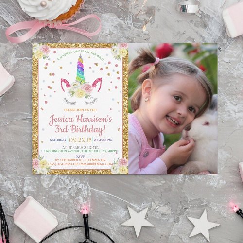 Chic Rainbow Glitter Unicorn Photo Birthday Invitation