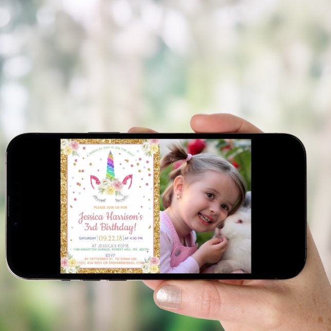 Chic Rainbow Glitter Unicorn Photo Birthday Invitation (Front Digital)