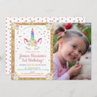 Chic Rainbow Glitter Unicorn Photo Birthday Invitation