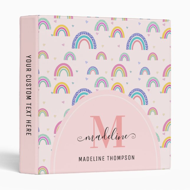 Chic Rainbow Heart Script Monogram Boho Pink 3 Rin Ring Binder (Front/Spine)