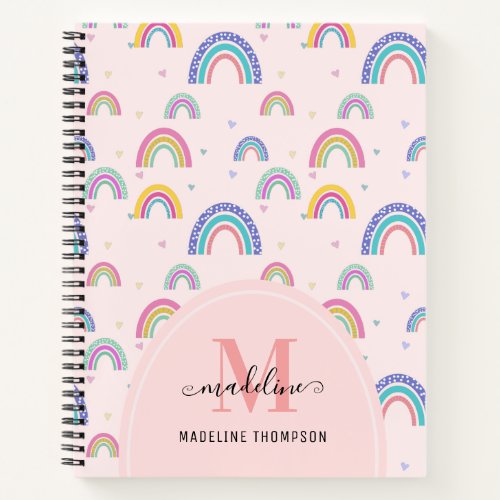 Chic Rainbow Heart Script Monogram Boho Pink Notebook