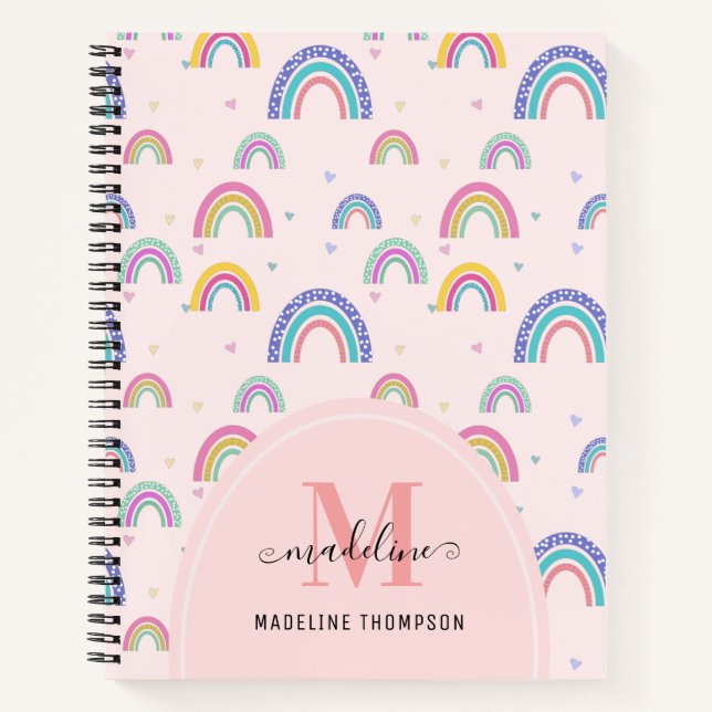 Chic Rainbow Heart Script Monogram Boho Pink Notebook (Front)