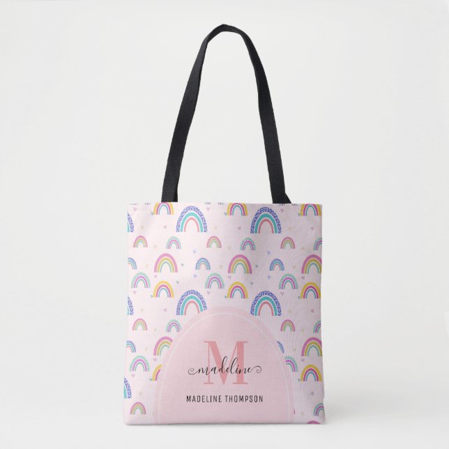 Chic Rainbow Heart Script Monogram Boho Pink Tote Bag (Front)