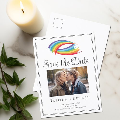 Chic Rainbow LGBT Couple Photo Save the Date Announcement Postcard