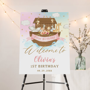 Chic Rainbow Noah's Ark Girl 1st Birthday Welcome Foam Board
