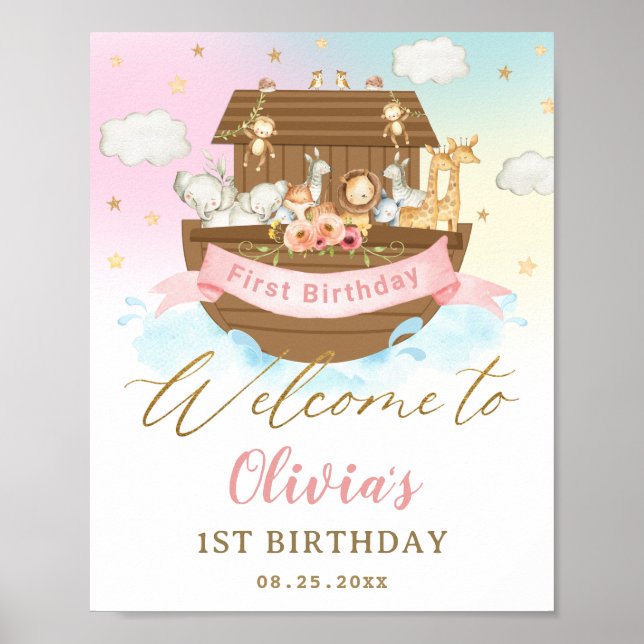 Chic Rainbow Noah's Ark Girl 1st Birthday Welcome Poster (Front)