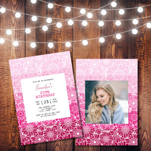 Chic Rainbow Pink Stripes Floral Photo Birthday Invitation