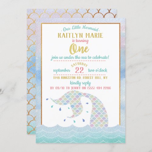 Chic Rainbow Watercolor Mermaid 1st Birthday Invitation