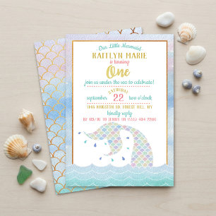 Chic Rainbow Watercolor Mermaid 1st Birthday Invitation