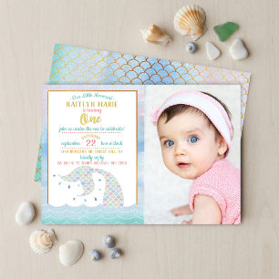 Chic Rainbow Watercolor Mermaid 1st Birthday Photo Invitation