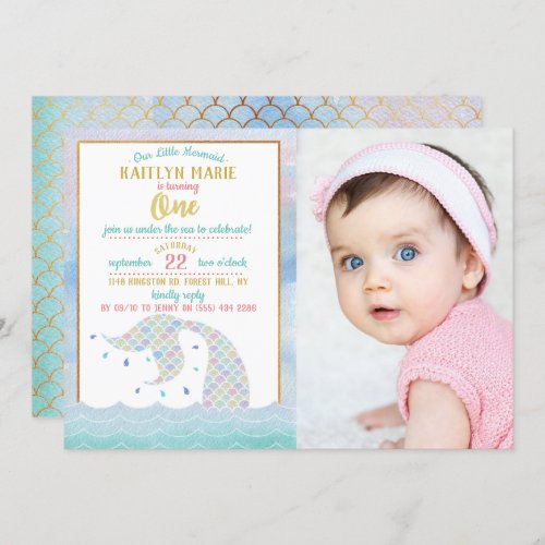 Chic Rainbow Watercolor Mermaid 1st Birthday Photo Invitation