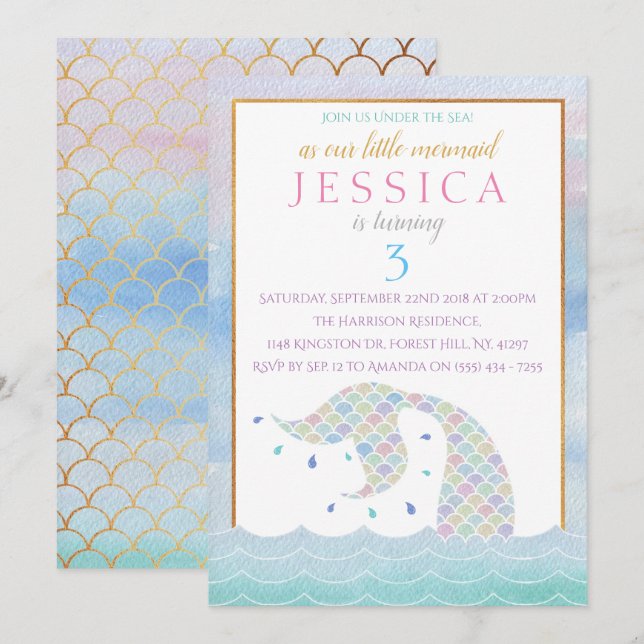 Chic Rainbow Watercolor Mermaid Any Age Birthday Invitation (Front/Back)