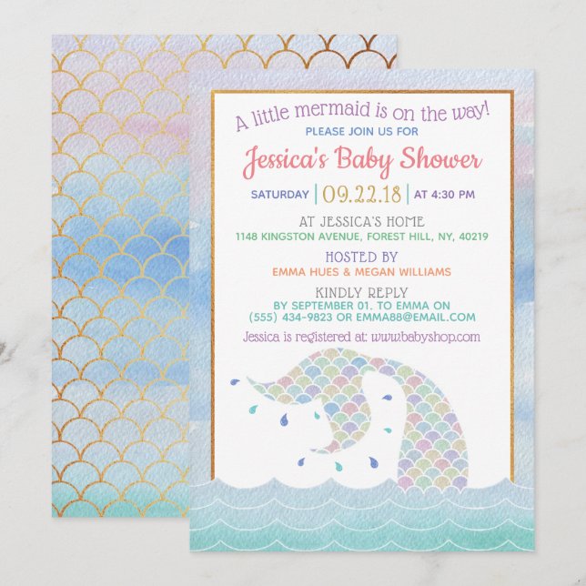 Chic Rainbow Watercolor Mermaid Baby Shower Invitation (Front/Back)