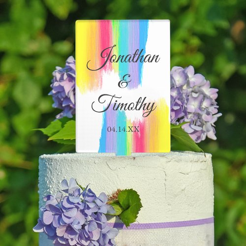 Chic Rainbow Watercolor Personalized Wedding Cake Topper