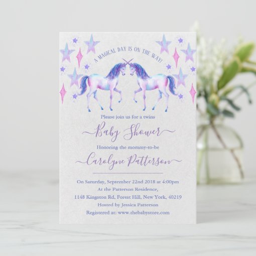 Chic Rainbow Watercolor Twin Unicorns Baby Shower Invitation Zazzle