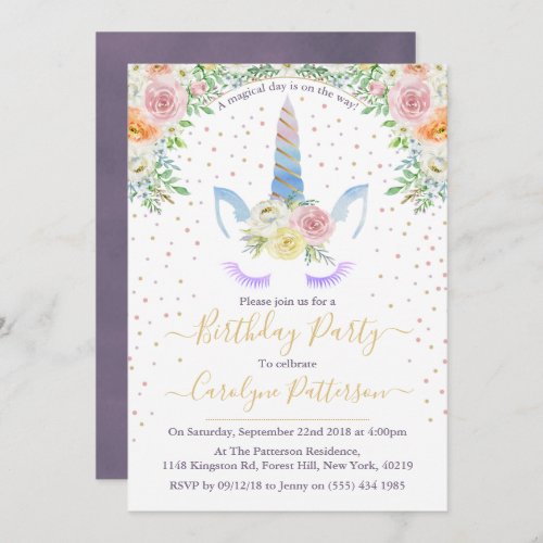 Chic Rainbow Watercolor Unicorn Birthday Party Invitation