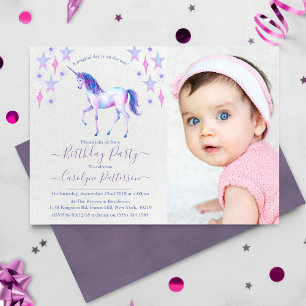 Chic Rainbow Watercolor Unicorn Photo Birthday Invitation