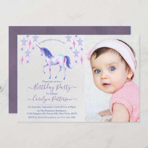 Chic Rainbow Watercolor Unicorn Photo Birthday Invitation