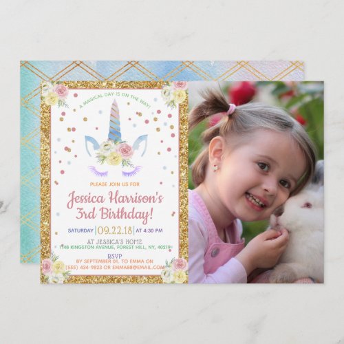 Chic Rainbow Watercolor Unicorn Photo Birthday Invitation