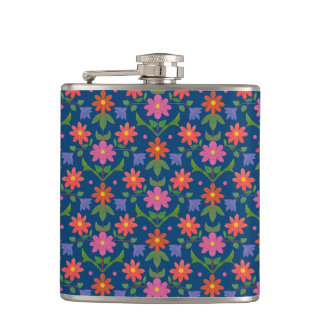 Chic Rangoli Flowers Polka Dots on Blue Hip Flask