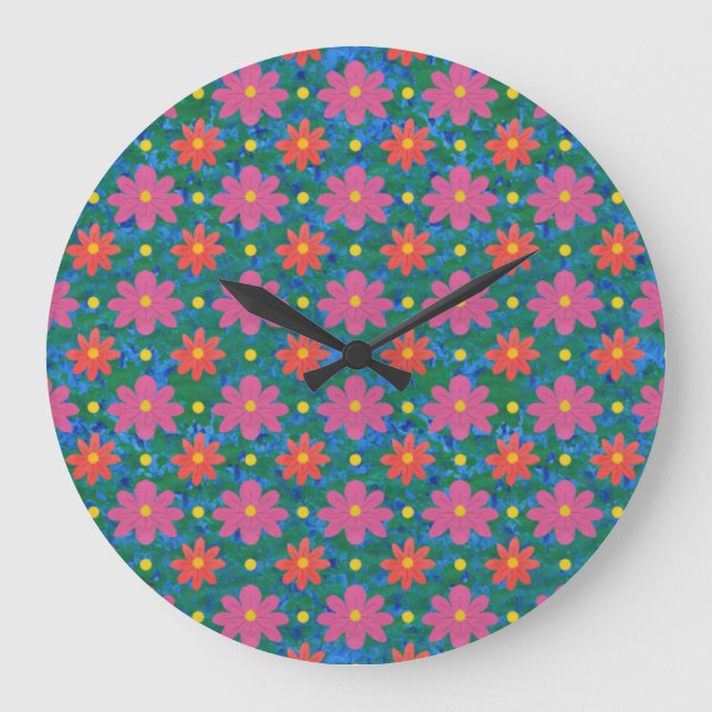 Chic Rangoli Flowers, Polka Dots Round Wall Clock (Front)