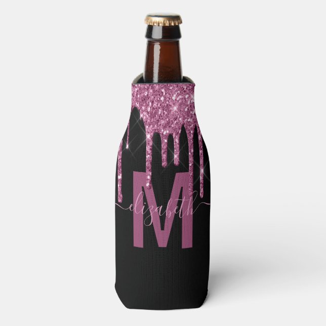 Chic Raspberry Dripping Glitter Monogram Name Bottle Cooler (Bottle Front)